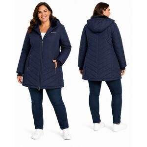 Columbia Womens Heavenly Long Hooded Jacket Size 2X Navy Blue Omni Heat